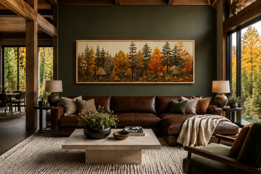 Long horizontal autumn forest painting on wood above a brown leather sofa in a rustic living room.