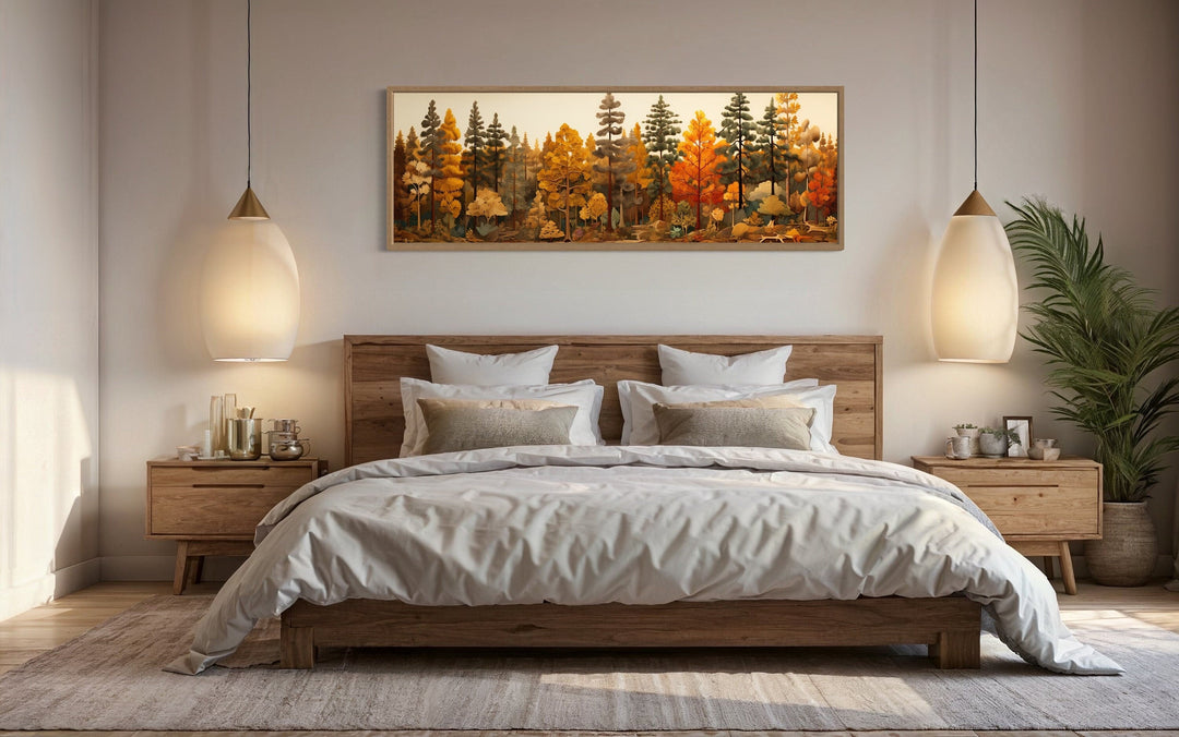Autumn forest painting on wood, long horizontal wall art displayed above a bed in a rustic room.