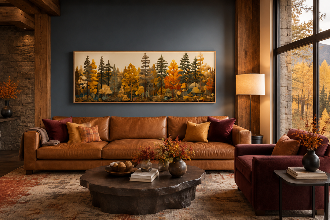 Long horizontal autumn forest painting on wood wall art above a brown leather sofa in a cabin.