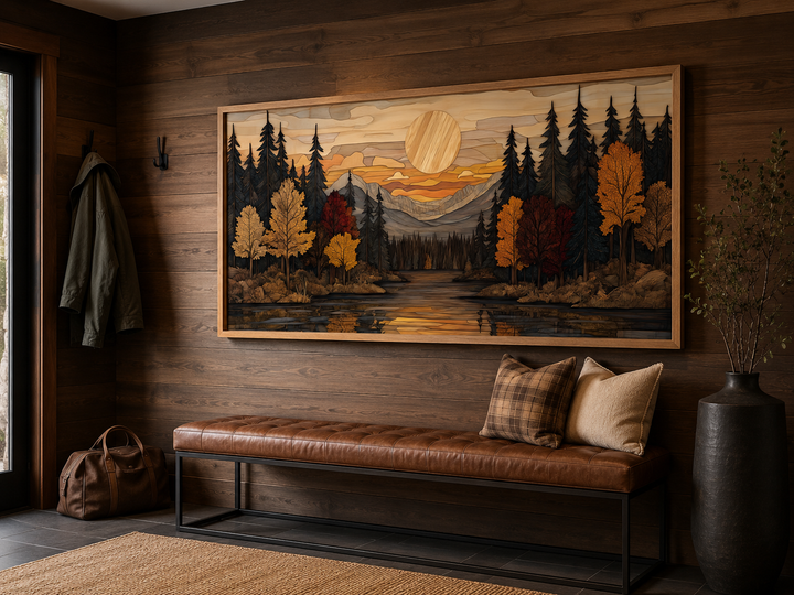 Autumn forest sunset rustic canvas wall art in a wood frame above a leather bench in a cabin.