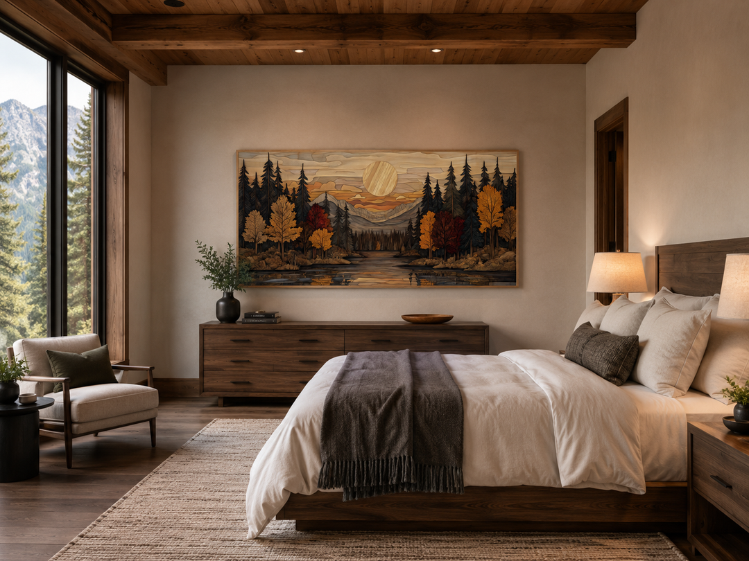 Autumn forest sunset rustic canvas wall art hanging above a dresser in a cozy cabin bedroom.