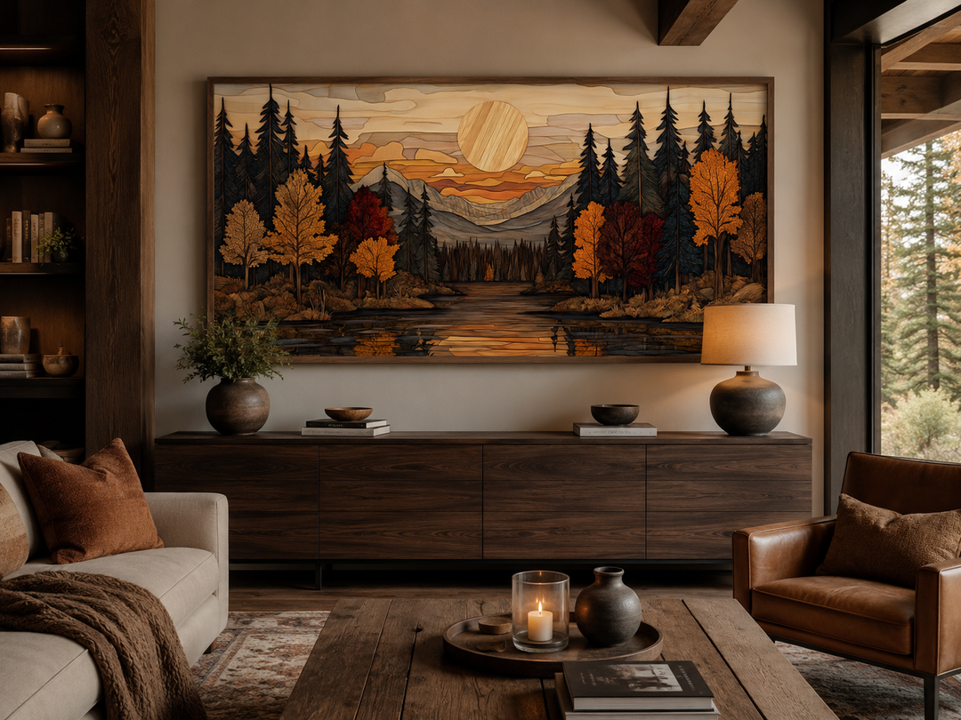 Autumn forest sunset rustic canvas wall art in a wood frame above a dark wood sideboard.