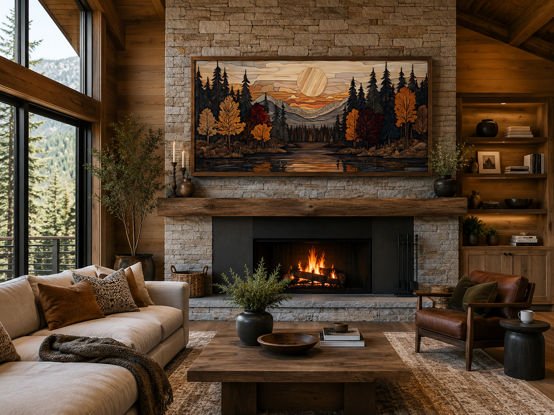 Autumn forest sunset rustic canvas wall art displayed above a stone fireplace in a cozy cabin.