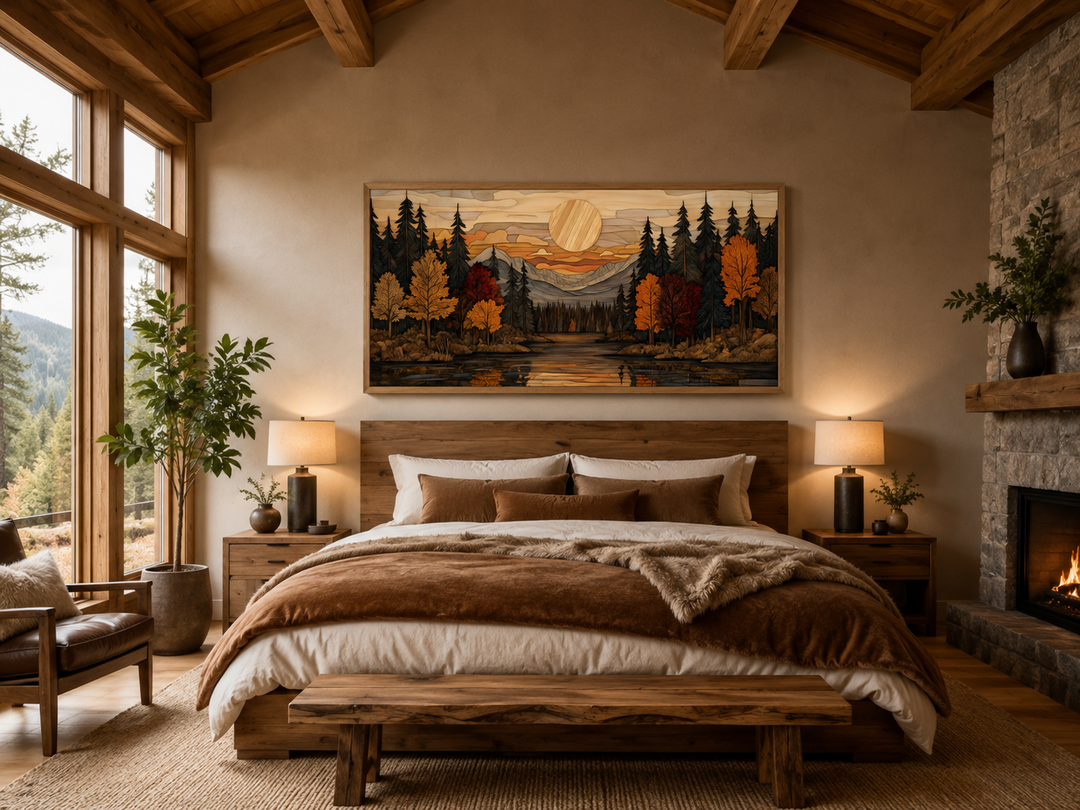 Panoramic rustic canvas wall art of an autumn forest sunset above a bed in a cozy cabin bedroom.