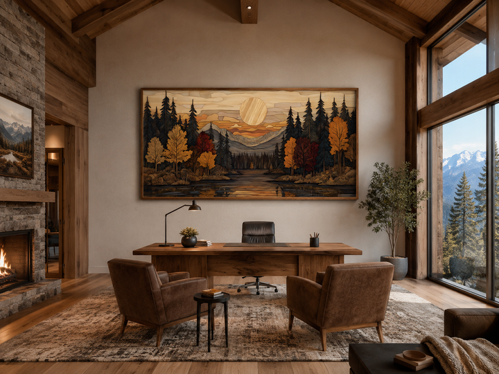 Autumn forest sunset rustic canvas wall art in a panoramic frame above a desk in a cabin office.