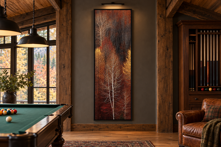 Vertical tall narrow framed canvas wall art featuring an autumn forest with golden and amber trees.