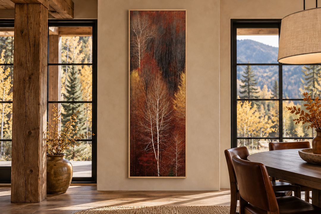 Vertical tall narrow framed canvas wall art featuring an autumn forest with golden and amber trees.