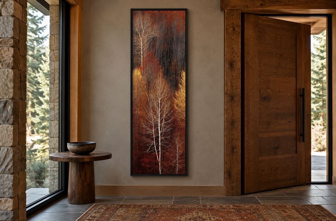 Vertical tall narrow framed canvas wall art featuring an autumn forest with golden and amber trees.