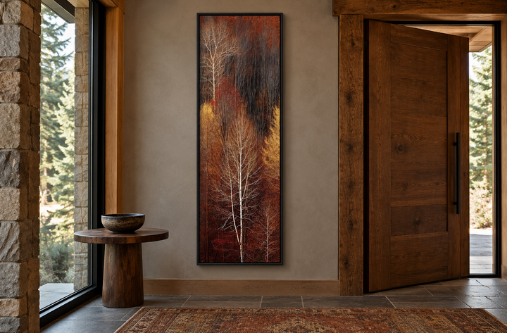Vertical tall narrow framed canvas wall art featuring an autumn forest with golden and amber trees.