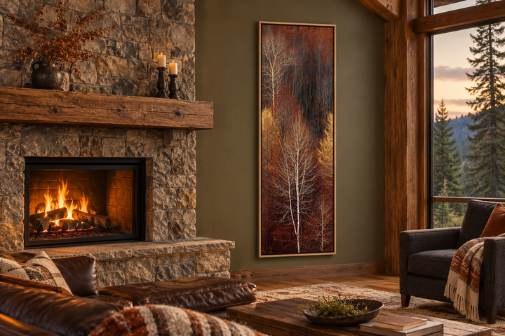 Vertical tall narrow framed canvas wall art featuring an autumn forest scene in a cozy living room.