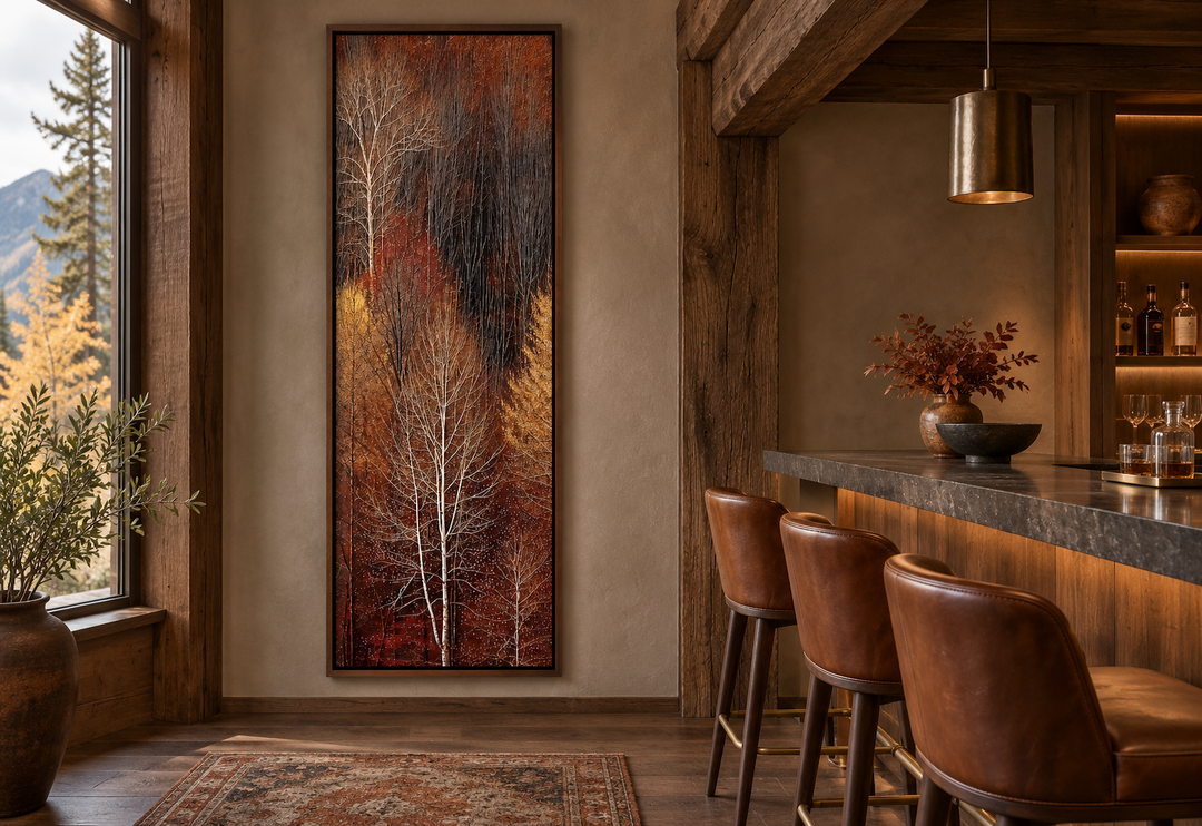 Vertical tall narrow framed canvas wall art featuring an autumn forest with golden and amber trees.