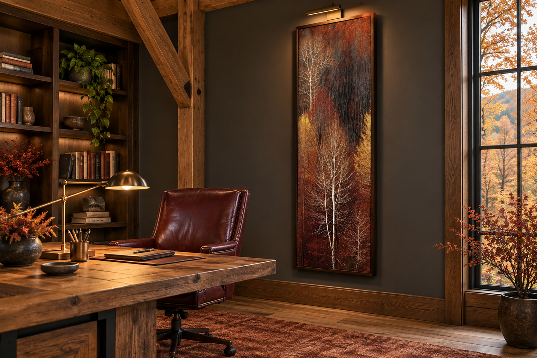 Vertical tall narrow framed canvas wall art featuring an autumn forest with golden and amber trees.