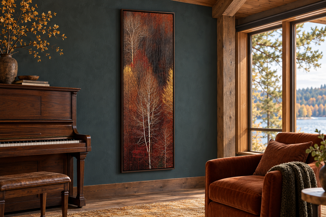 Vertical tall narrow framed canvas wall art featuring an autumn forest with gold and amber trees.