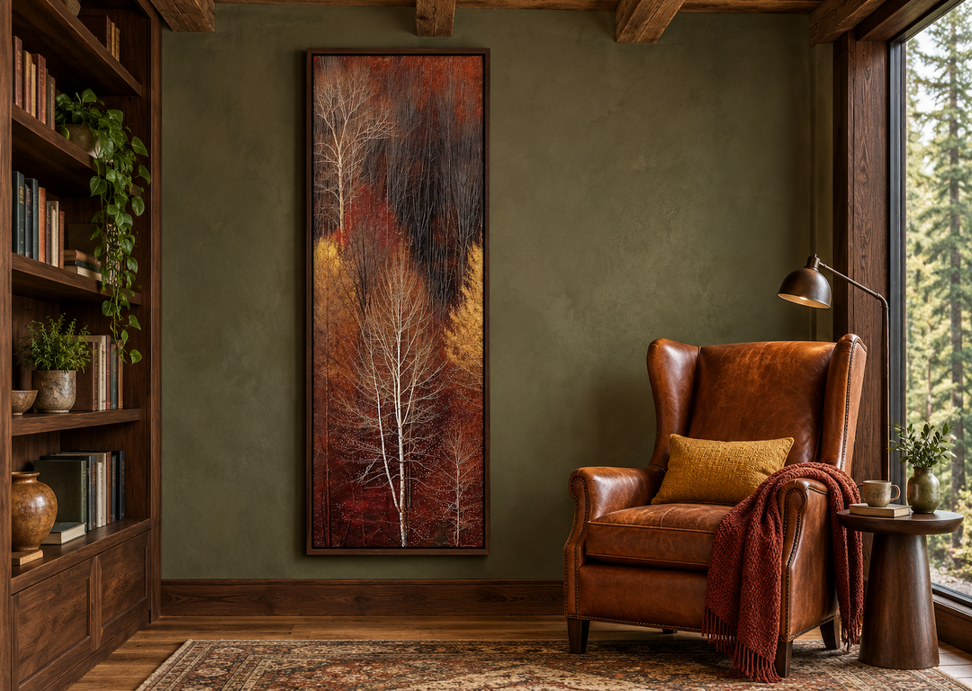 Vertical tall narrow framed canvas wall art featuring an autumn forest in a rustic reading room.
