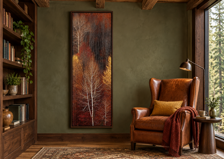 Vertical tall narrow framed canvas wall art featuring an autumn forest in a rustic reading room.