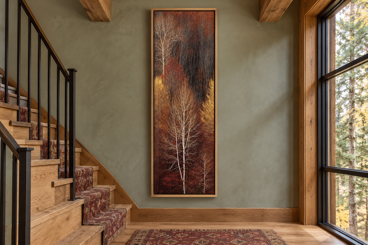 Vertical tall narrow framed canvas wall art featuring an autumn forest with golden and amber trees.