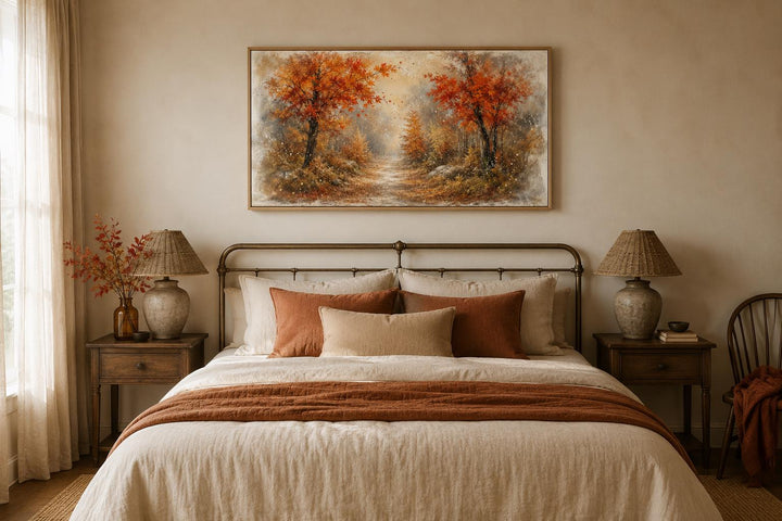 Autumn Forest Wall Art featuring misty woodland trees with orange foliage above a cozy bed.
