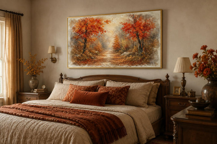 Autumn forest wall art featuring misty orange and rust woodland trees above a cozy bed.