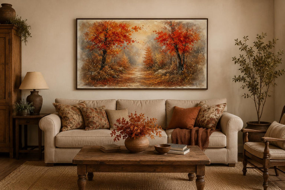 Autumn forest canvas wall art with orange trees and misty woodland path above a beige sofa.