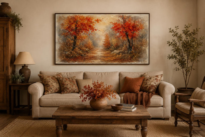 Autumn forest canvas wall art with orange trees and misty woodland path above a beige sofa.