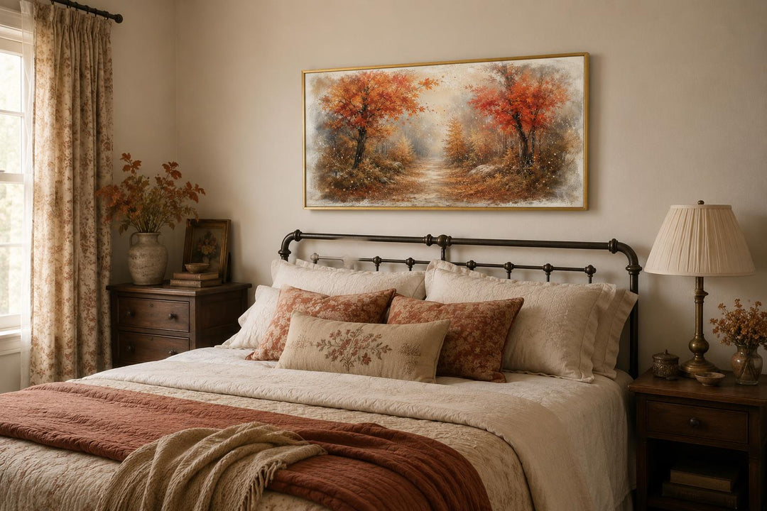 Autumn forest wall art featuring orange and rust trees in a misty woodland scene above a bed.