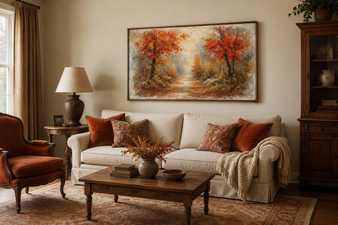Large horizontal canvas of a misty autumn forest with orange and rust trees above a beige sofa.