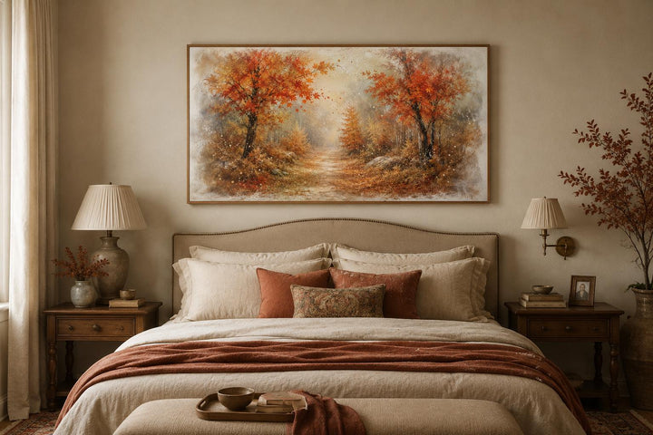 Autumn forest wall art with orange and rust trees in a misty woodland scene above a cozy bed.