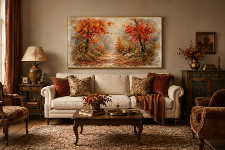 Autumn Forest Wall Art with orange and rust trees in a misty woodland scene above a cream sofa.