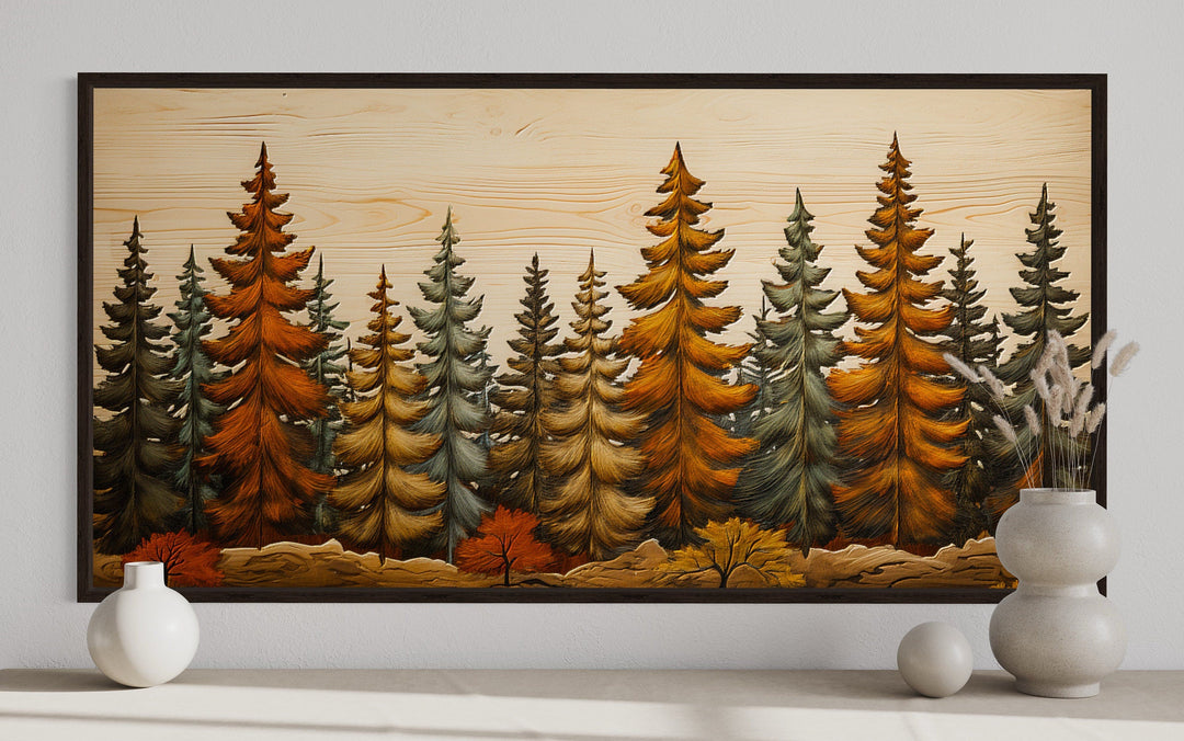 Autumn Forest Wall Art – Rustic Fir Tree Painting on Wood Effect Canvas