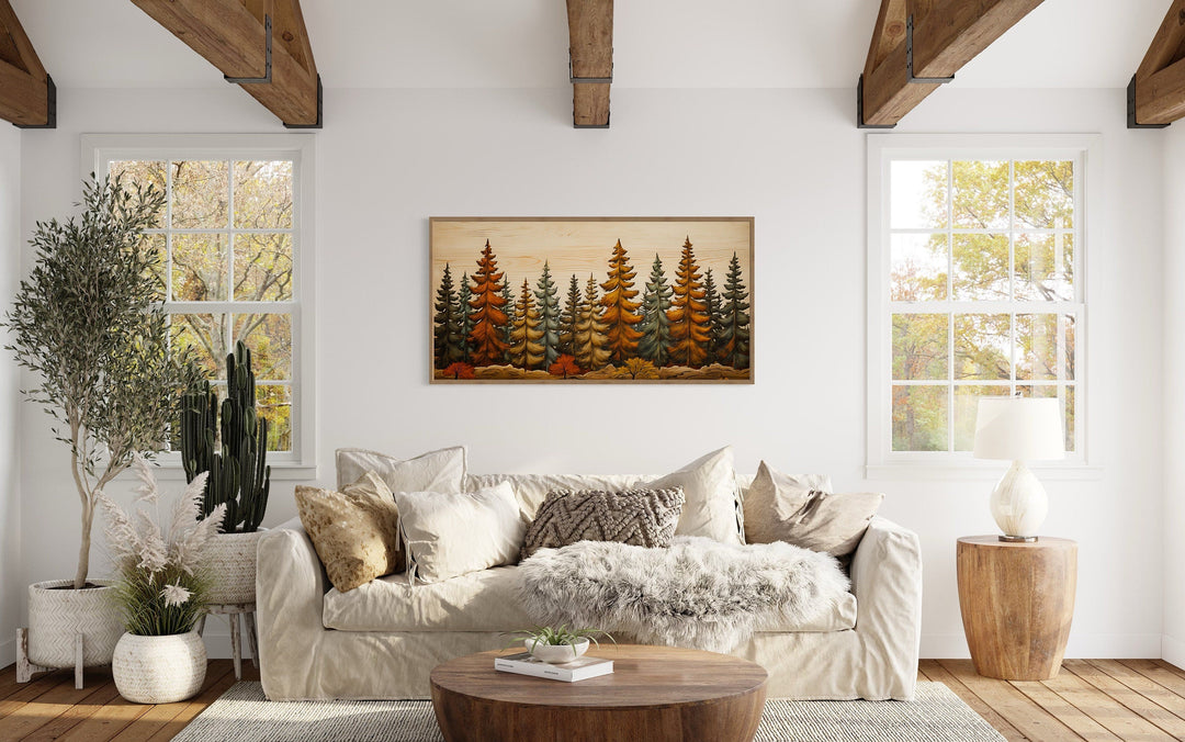 Autumn Forest Wall Art – Rustic Fir Tree Painting on Wood Effect Canvas