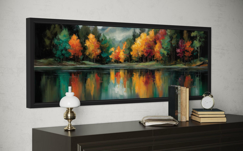 Autumn Forest Yellow Green Red Lake Reflection Long Narrow Canvas Wall Art