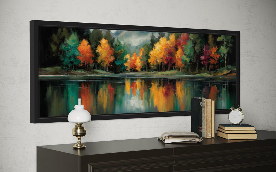 Autumn Forest Yellow Green Red Lake Reflection Long Narrow Canvas Wall Art