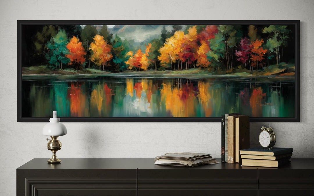 Autumn Forest Yellow Green Red Lake Reflection Long Narrow Canvas Wall Art