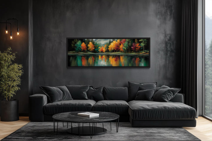Autumn Forest Yellow Green Red Lake Reflection Long Narrow Canvas Wall Art