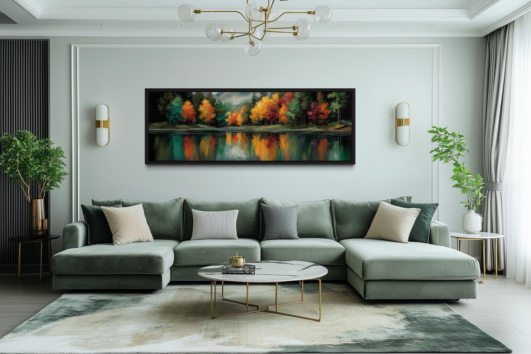 Autumn Forest Yellow Green Red Lake Reflection Long Narrow Canvas Wall Art
