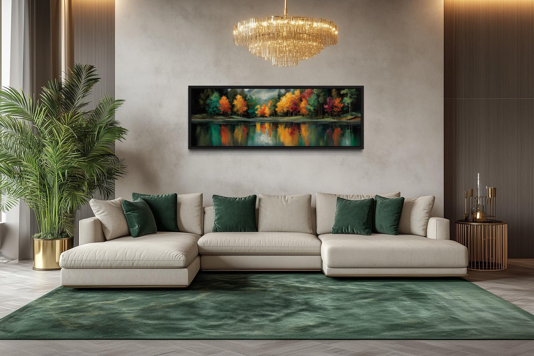 Autumn Forest Yellow Green Red Lake Reflection Long Narrow Canvas Wall Art