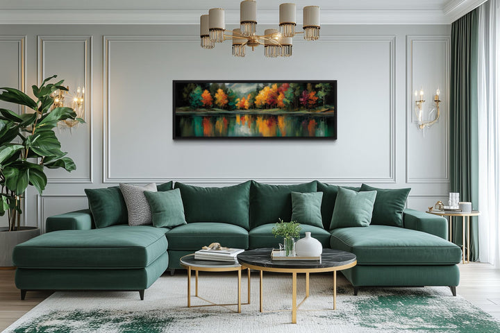 Autumn Forest Yellow Green Red Lake Reflection Long Narrow Canvas Wall Art