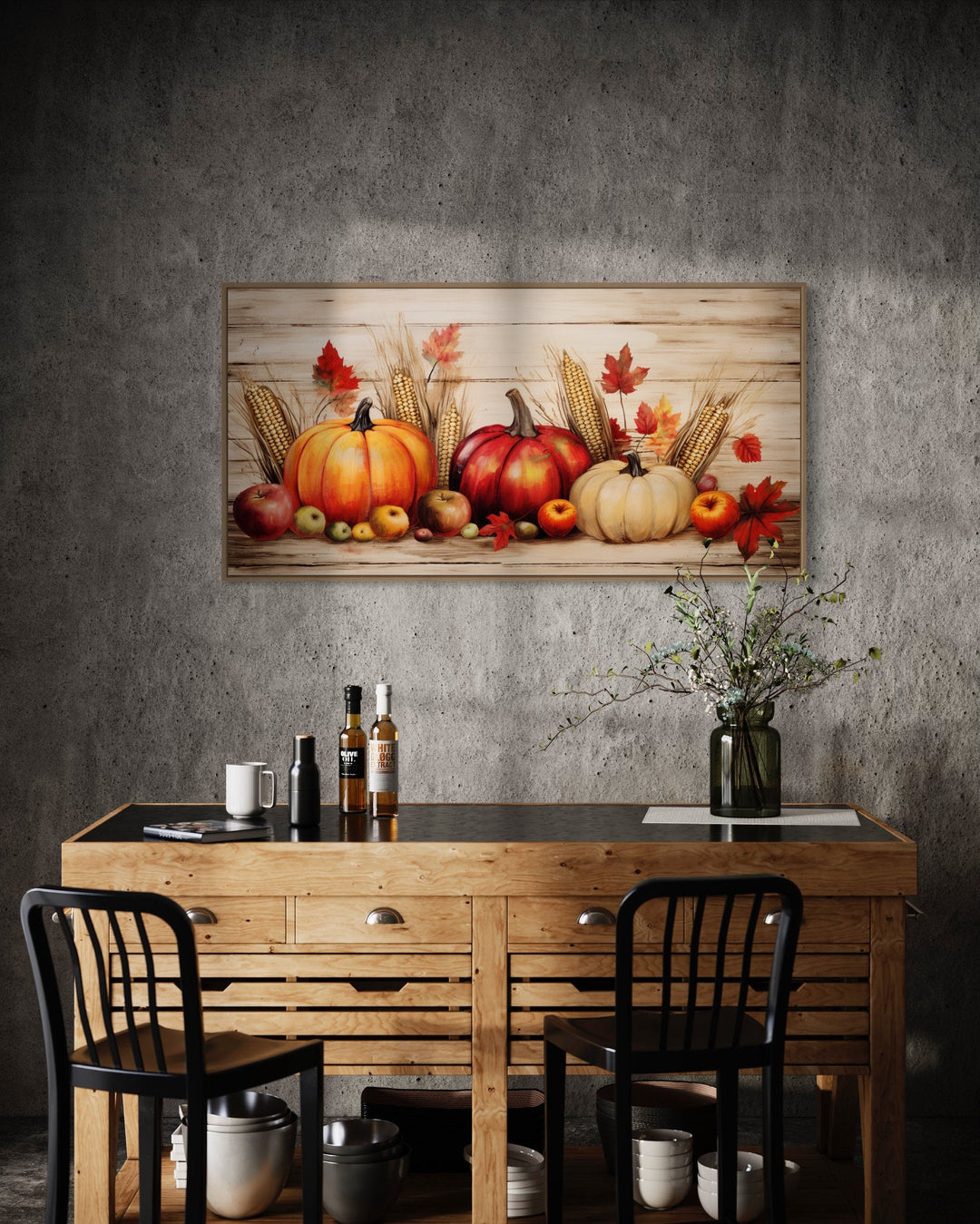 Autumn Kitchen Wall Art – Farmhouse Wall Decor With Pumpkin Apple Canvas Print