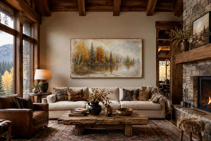 Autumn Lake Wall Art canvas featuring a misty fall forest landscape above a living room sofa.