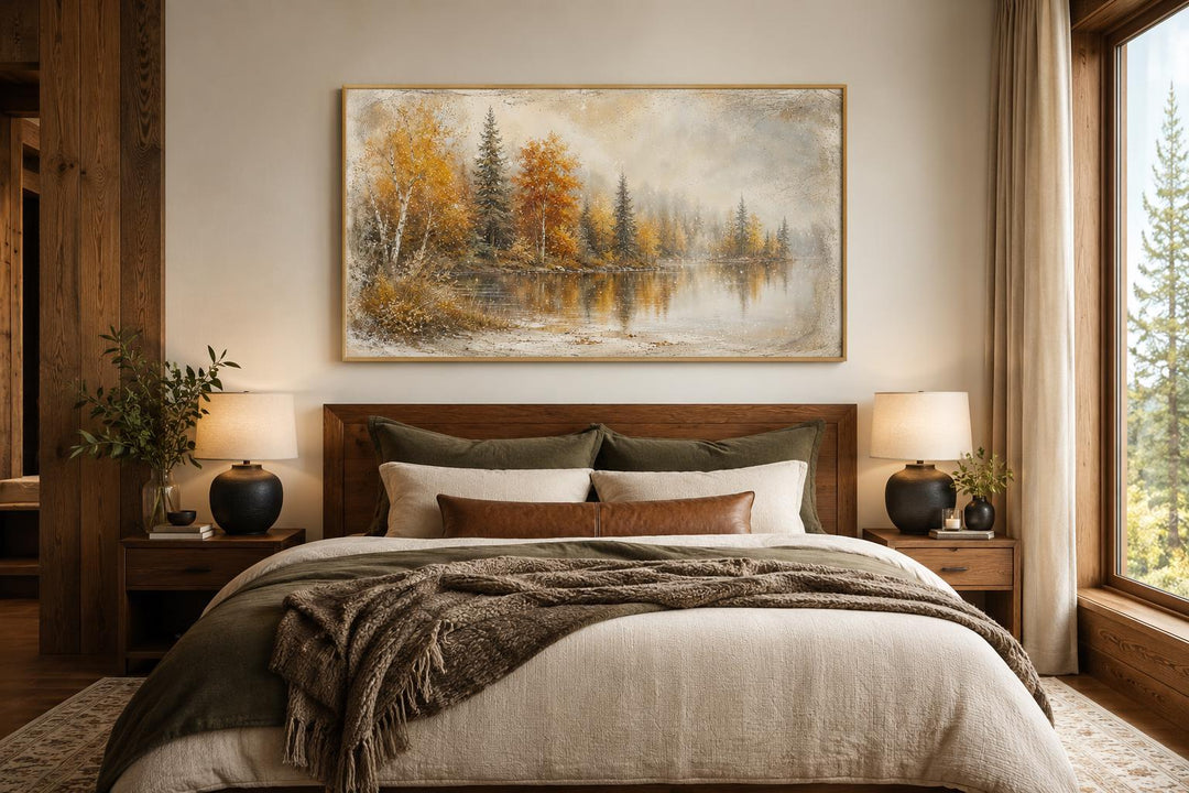 Horizontal canvas art of a misty autumn lake with orange and green trees above a wooden bed frame.