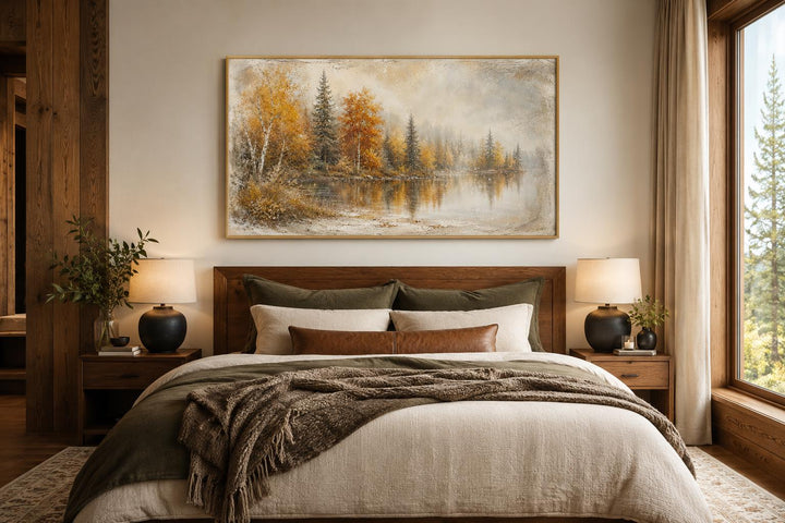 Horizontal canvas art of a misty autumn lake with orange and green trees above a wooden bed frame.