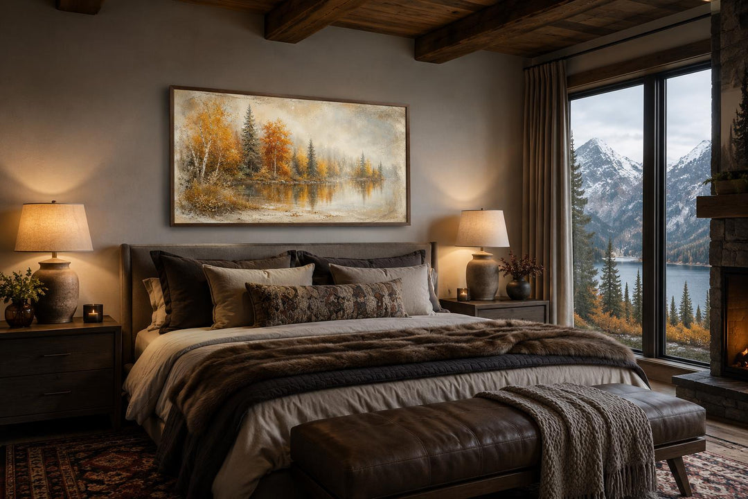 Autumn Lake Wall Art canvas with misty forest reflections hanging above a bed in a rustic room.