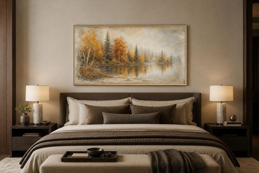 Autumn Lake Wall Art above a bed, featuring a misty landscape with orange and green fall trees.