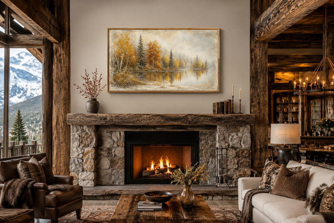 Autumn Lake Wall Art canvas with misty forest and orange trees hanging above a stone fireplace.