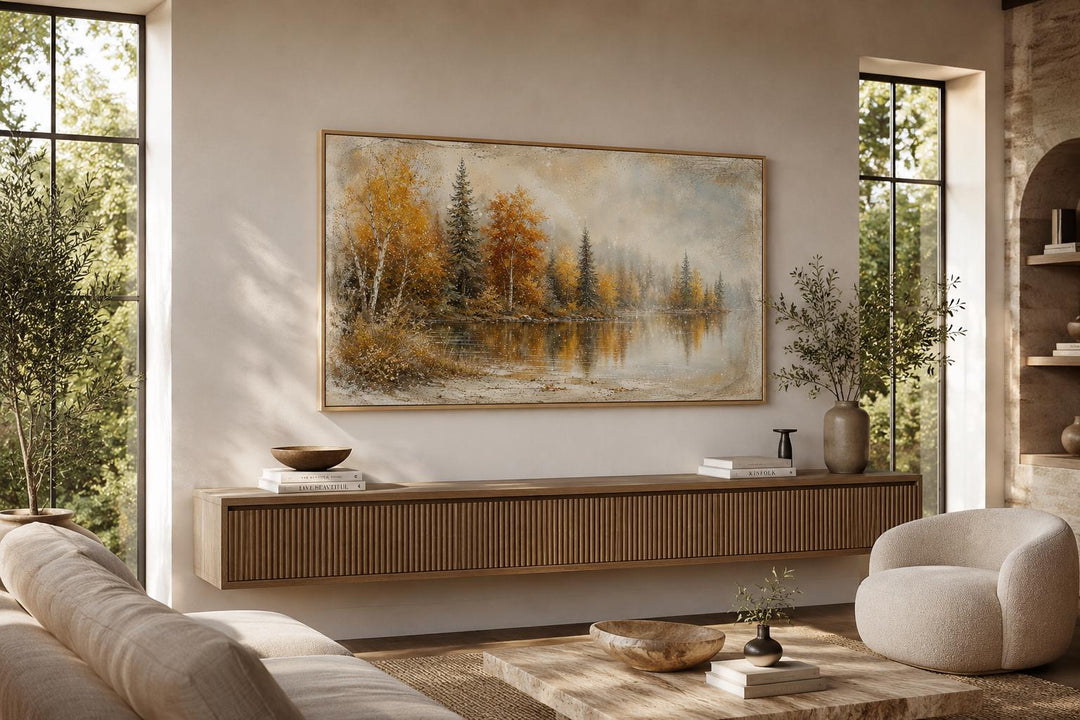 Autumn Lake Wall Art featuring a misty lake and fall forest in a gold frame above a wooden console.