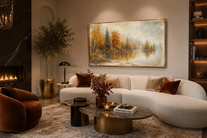 Autumn Lake Wall Art featuring a misty forest landscape with orange and gold trees over a calm lake.