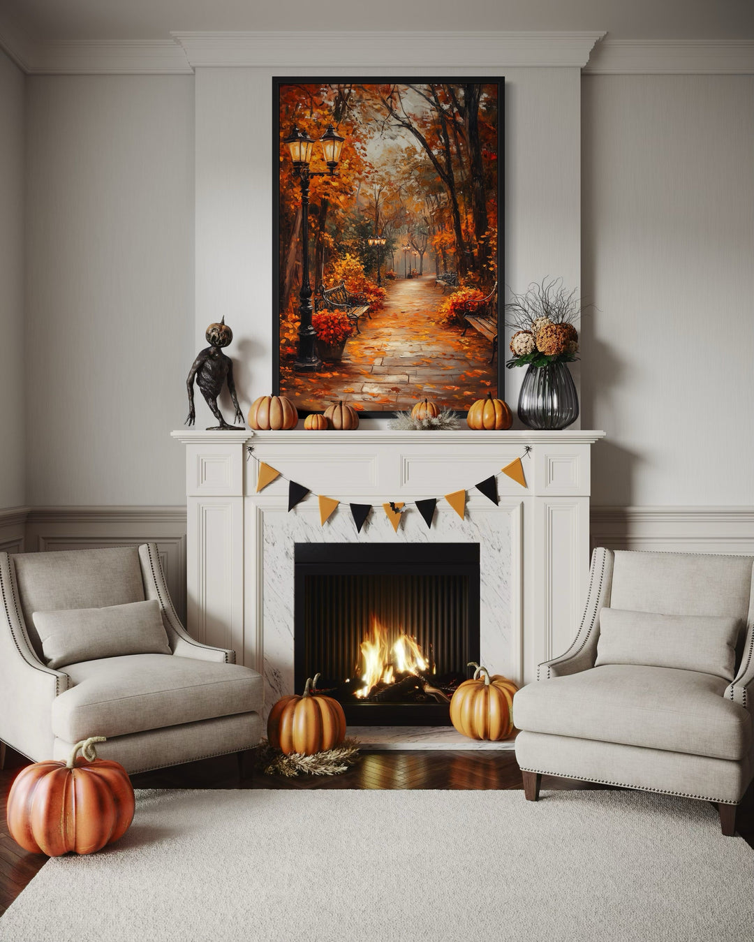 Autumn Street In The Park Framed Canvas Wall Art