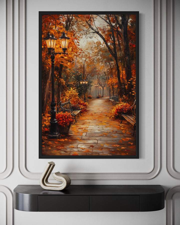 Autumn Street In The Park Framed Canvas Wall Art featuring orange fall foliage and park benches.
