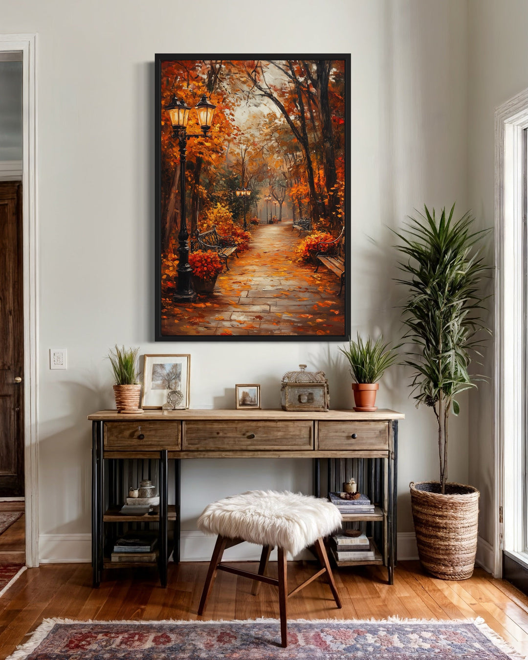 Autumn Street In The Park Framed Canvas Wall Art