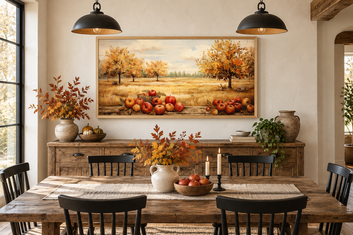 Autumn apple orchard painting in a wooden frame hanging above a rustic sideboard in a dining room.